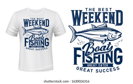 Ocean tuna fish, t-shirt print, vector navy blue template mockup. Boat fishing and big fish catch club. Sea boat fishing sport team emblem