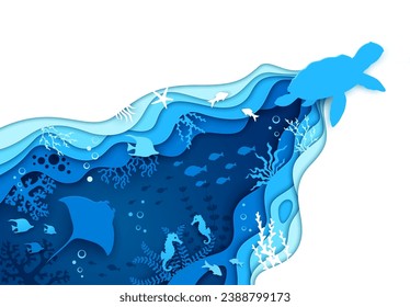 Meeresschildkröte Silhouette und Meerpapier schneiden Unterwasserlandschaft mit Algen und Tieren, Vektorhintergrund. Unterseewelt oder Korallenriff in Papierschichten mit Stechen, Seehecht und Seehecht