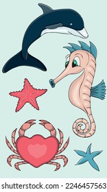 Ocean underwater animal colorful set