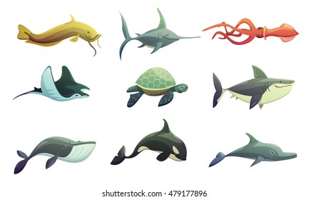 Ocean Underwater Animals Cartoon Retro Characters Set With Stingray Shark Turtle Swordfish And Squid Fish Isolated Vector Illustration 