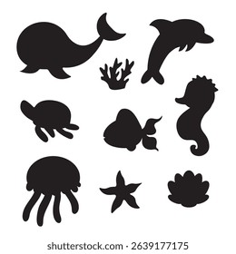 Ocean underwater animals silhouette set 
