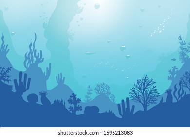 Ocean underwater background with coral reef, seaweed, plants, fishes and bubbles. Sea, seascape, undersea vector illustration