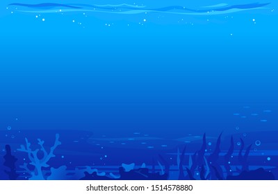 Ocean Underwater Background With Corals, Algae And Flocks Of Small Fish, Blue Dark Seabed Template Background, Illustration Of Open Deep Sea Ocean