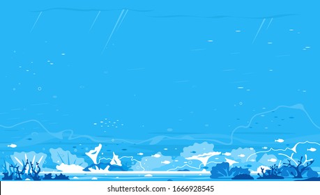 Ocean underwater background with corals, algae and flocks of small fish, blue dark seabed template background in flat style, illustration of open deep sea ocean