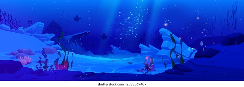 Ocean underwater background. Deep sea bottom - marine landscape with swimming fishes, seaweeds and coral reefs. Cartoon dark blue aquatic scene with exotic plants and sunken ship wrecks silhouette.