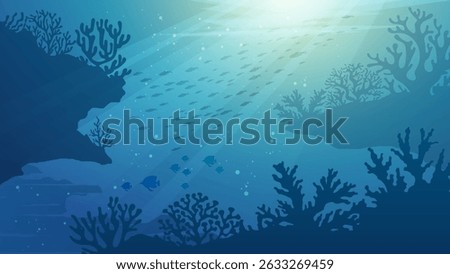 Ocean Underwater Background - Deep the sea scenery vector illustration banner with coral reef, fish and shinny blue water