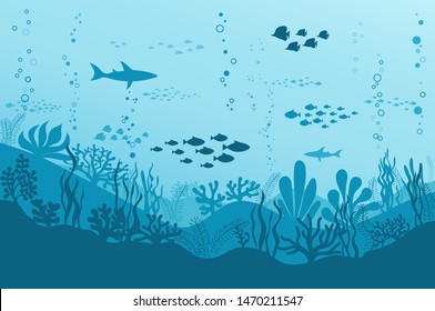 Ocean Underwater Background with Fishes, Sea plants and Reefs. Vector