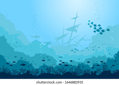 Ocean Underwater Background with Fishes and sunken ship, Sea plants and Reefs. Vector