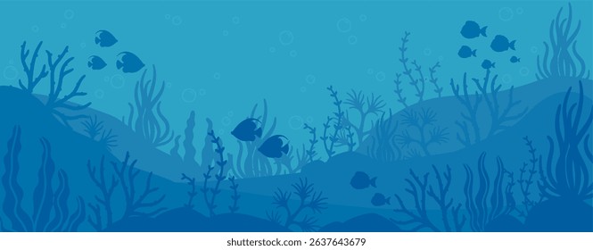 Ocean underwater background. Sea floor scene. Marine blue bottom with fish, plant, algae, reef, coral in depth water. Undersea wildlife silhouette. Vector seascape aquatic backdrop.
