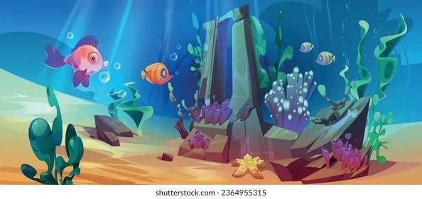 Ocean underwater boulder with fish vector background. Deep sea under water reef life with animal and seaweed plant. Tropical aquatic habitat wildlife drawing environment. aquarium ecosystem landscape