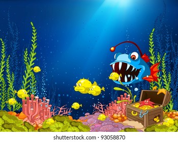 Ocean Underwater Cartoon. Coral Reef with Alga and Fish. Vector.