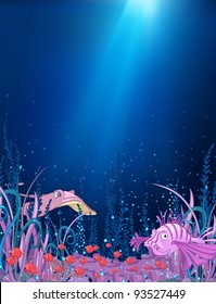 Ocean Underwater Cartoon. Coral Reef with Alga and Fish. Vector.