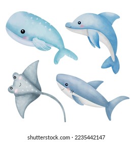 Ocean Underwater Cute Watercolor Animals Clipart