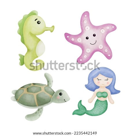 Ocean Underwater Cute Watercolor Animals Clipart