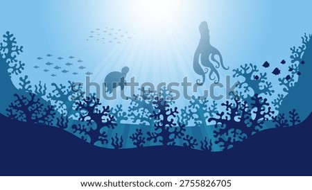 Ocean underwater landscape with coral reef silhouette