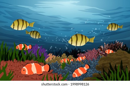 El paisaje submarino del océano. Ilustración de la vista de los océanos profundos