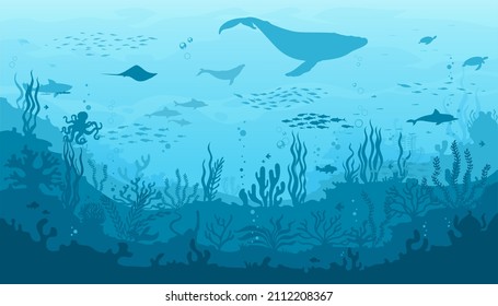 Ocean underwater landscape, seaweed and reef, fish school, whale silhouette. Sea bottom landscape, seafloor seascape vector background with ocean flora and fauna, corals, sea animal silhouettes