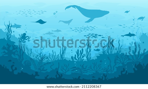 Ocean underwater landscape, seaweed and reef,\
fish school, whale silhouette. Sea bottom landscape, seafloor\
seascape vector background with ocean flora and fauna, corals, sea\
animal silhouettes