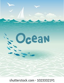 Ocean underwater landscape. Wildlife underwater sea. Design for save a whale sticker, sea background. Vector illustration