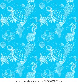 Ocean underwater life  - animals and plants. Vector seamless pattern with hand drawn outline illustrations of turtles, seahorses, octopus, corals