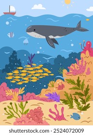 Vida subaquática oceânica, animais e biodiversidade de ervas daninhas marinhas vegetais no fundo do mar. Baleia e águas-vivas, peixe e natureza. Navio navegando na superfície. Ilustração vetorial em estilo de desenho animado plano