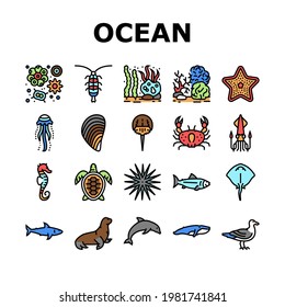 Ocean Underwater Life Collection Icons Set Vector. Ocean Fish And Star, Jellyfish And Turtle, Crab And Skate, Mussels And Phytoplankton Concept Linear Pictograms. Contour Color Illustrations