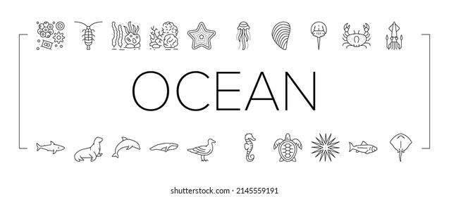 Ocean Underwater Life Collection Icons Set Vector. Ocean Fish And Star, Jellyfish And Turtle, Crab And Skate, Mussels And Phytoplankton Black Contour Illustrations