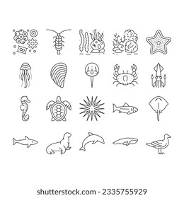 Ocean Underwater Life Collection Icons Set Vector. Ocean Fish And Star, Jellyfish And Turtle, Crab And Skate, Mussels And Phytoplankton Black Contour Illustrations