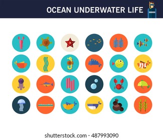 Ocean underwater life concept flat icons.
