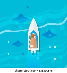 Ocean underwater life â?? devil fish ray family with top view yacht. Summer vacation, time to travel, holidays and tourism . Vector illustration