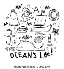 Ocean and Underwater life with hand drawn doodle for decoration