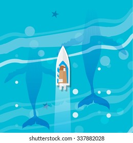 Ocean underwater life  - humpback whale family with top view yacht. Summer vacation, time to travel, holidays and tourism . Vector illustration