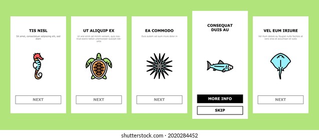 Ocean Underwater Life Onboarding Mobile App Page Screen Vector. Ocean Fish And Star, Jellyfish And Turtle, Crab And Skate, Mussels And Phytoplankton Illustrations