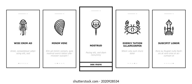 Ocean Underwater Life Onboarding Mobile App Page Screen Vector. Ocean Fish And Star, Jellyfish And Turtle, Crab And Skate, Mussels And Phytoplankton Illustrations