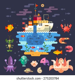 Ocean underwater life, sea animals. Fishing boat. Fish, octopus, shrimp, squid, cancer, mussels, crab, anchor, seaweed, ship, barge, fisherman. Vector flat illustration 