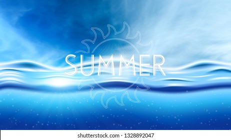 Ocean underwater scene with sunbeam through clear water on blue sky with clouds.Summer background, vector illustration
