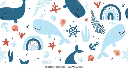 El océano bajo el agua. Ilustración vectorial para diseño infantil. Patrón marino de vida marina sin costuras. Textil, textil, decoración de la ducha de bebé