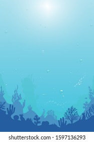 Ocean underwater world with different plants and animals. vertical background marine sea bottom silhouette Deep blue water,