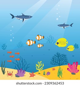 The ocean and underwater world. Marine Life Landscape with colourful fish and plants in background vector illustration.