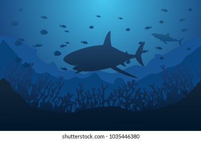 Ocean underwater world with shark, vector illustration