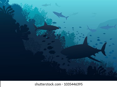 Ocean underwater world with shark, vector illustration