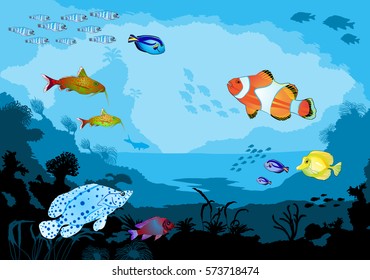 Ocean underwater world with tropical animals, vector illustration