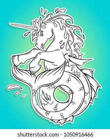 Ocean unicorn with a fishtail. Magic cartoon fantasy animal concept. Vector illustration