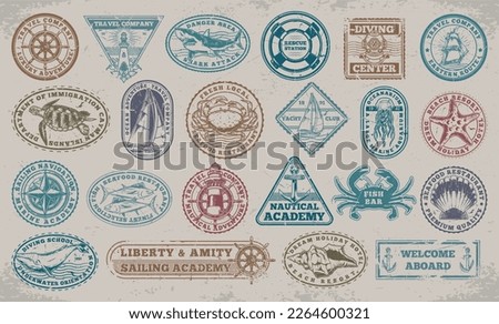 Ocean vacation vintage set stickers colorful for travel companies selling tickets for cruise or hotel with seafood restaurant vector illustration