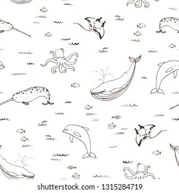 ocean vector animals: whale, narwhal, dolphin seamless line pattern