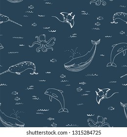 ocean vector animals: whale, narwhal, dolphin seamless line pattern