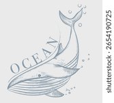 Ocean, vector hand drawn illustration of whale. Sketch engraving style