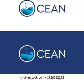 Ocean vector logo typographic design with letter "O" containing water illustration.