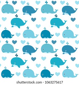 Ocean vector seamless pattern with with cute blue whales on white background for kids clothing and textile design