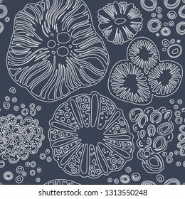 Ocean vector seamless pattern. Sea outline background.  Hand drawn illustration with depth sea inhabitants. Doodling. Blue color. Marine theme.